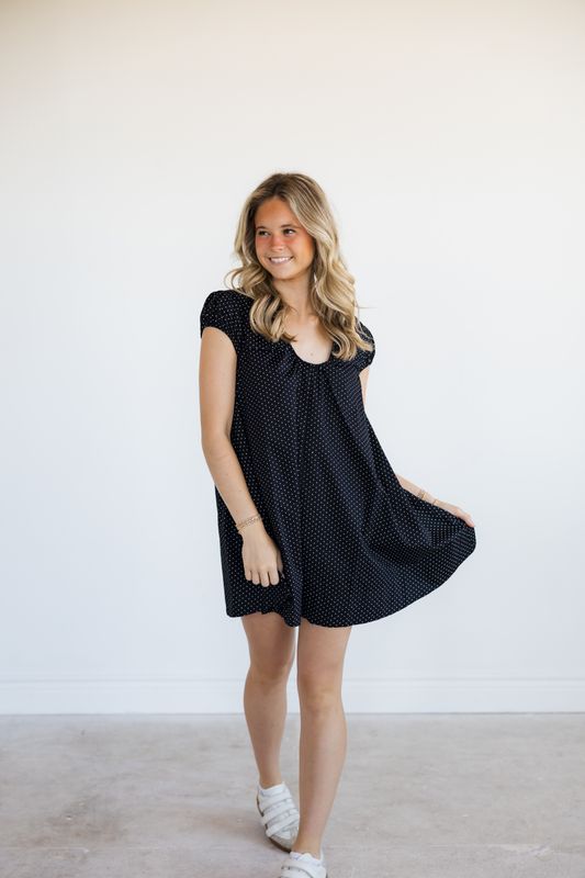 U-Neck Puff Sleeve Swing Mini Dress