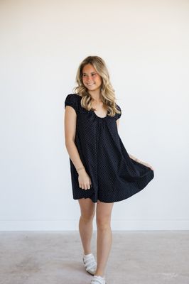 U-Neck Puff Sleeve Swing Mini Dress