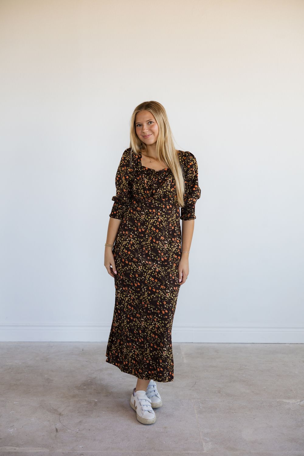 Smocked Floral Print Maxi