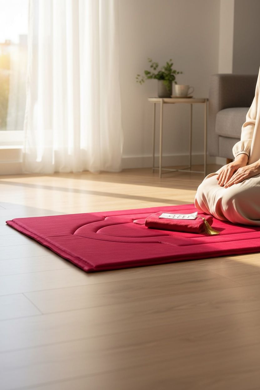 سجادة وغلاف مصحف احمر سادة