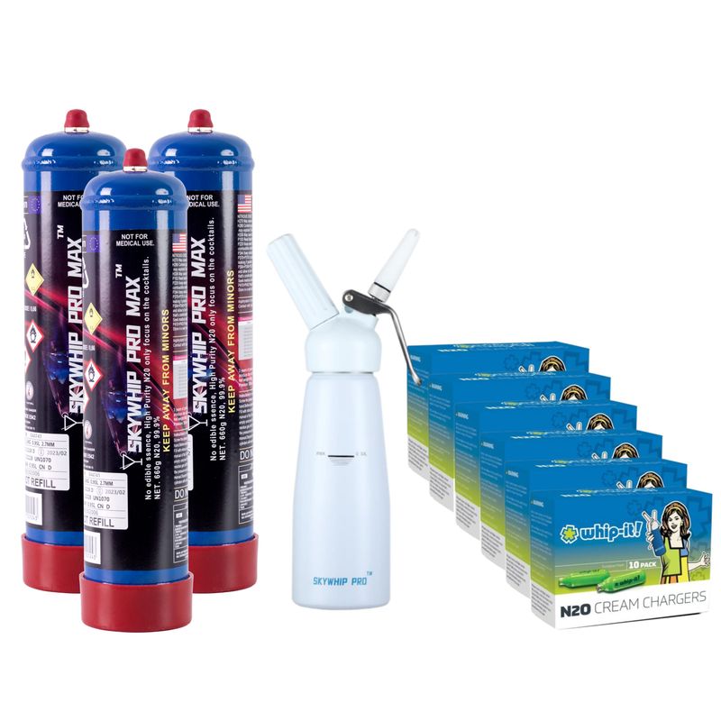 ONLY $200: 3 x SKYWHIP PRO MAX 660G + 60 Bulbs Whip-it Professional 8G Cream Chargers + 0.5L Whipper