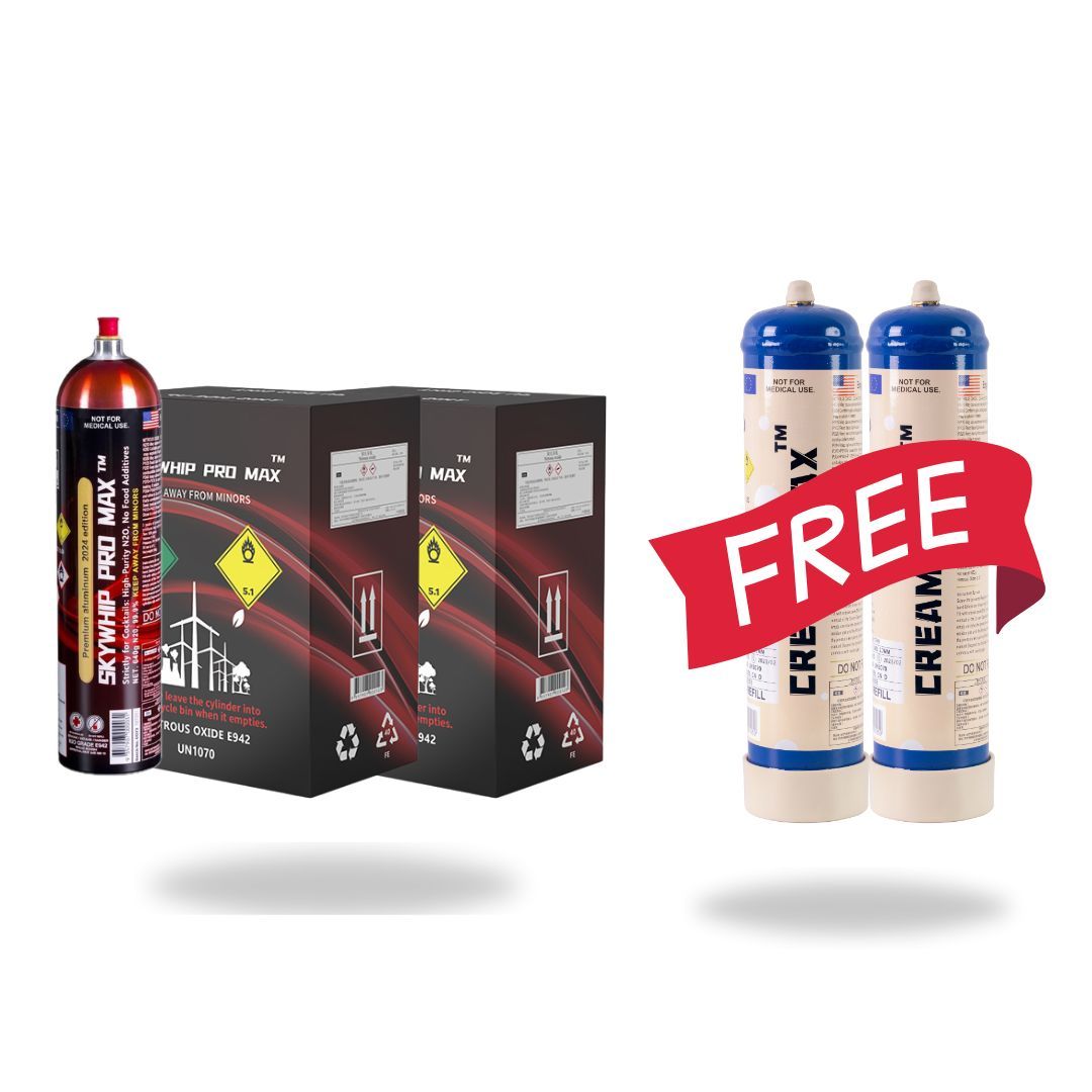 12 x 640g Skywhip Pro Max Aluminum Cream Chargers + 2 x Free 660g Creamy Max Cream Chargers