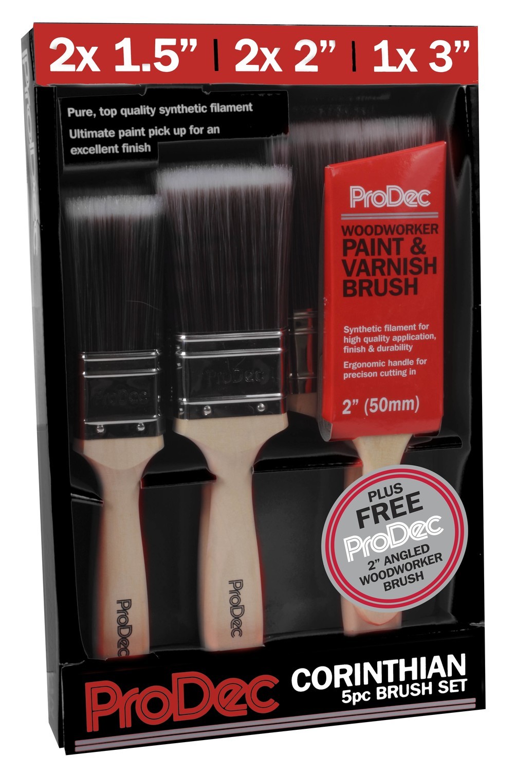 Prodec Corinthian Brush Set - 2x 1.5", 2x 2", 1x 3" and a FREE ProDec Woodworker brush