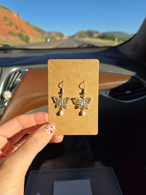 Silver Butterfly + Faux Pearl Earrings