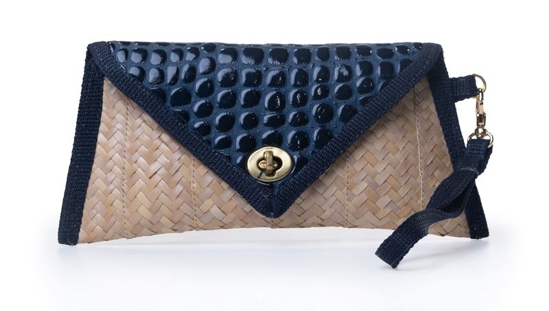 Straw Wristlet - Navy Blue Leather