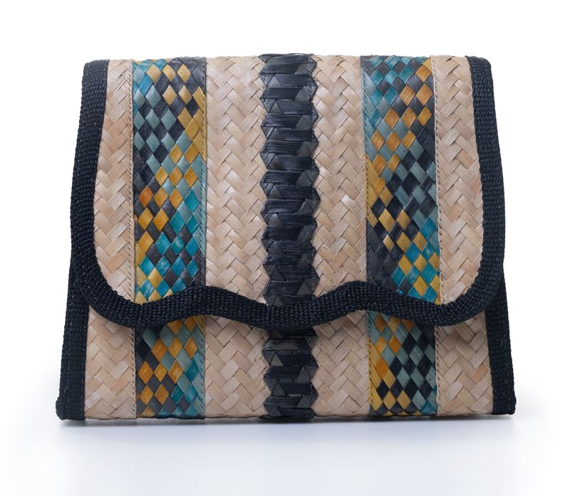 Straw Box Shape Strap Bag - Black, Aqua, &amp; Yellow