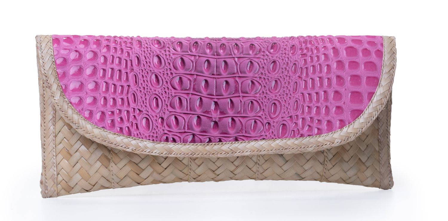 Small Straw with Leather Clutch - Pink