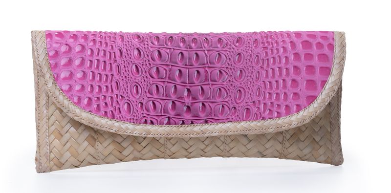 Small Straw with Leather Clutch - Pink