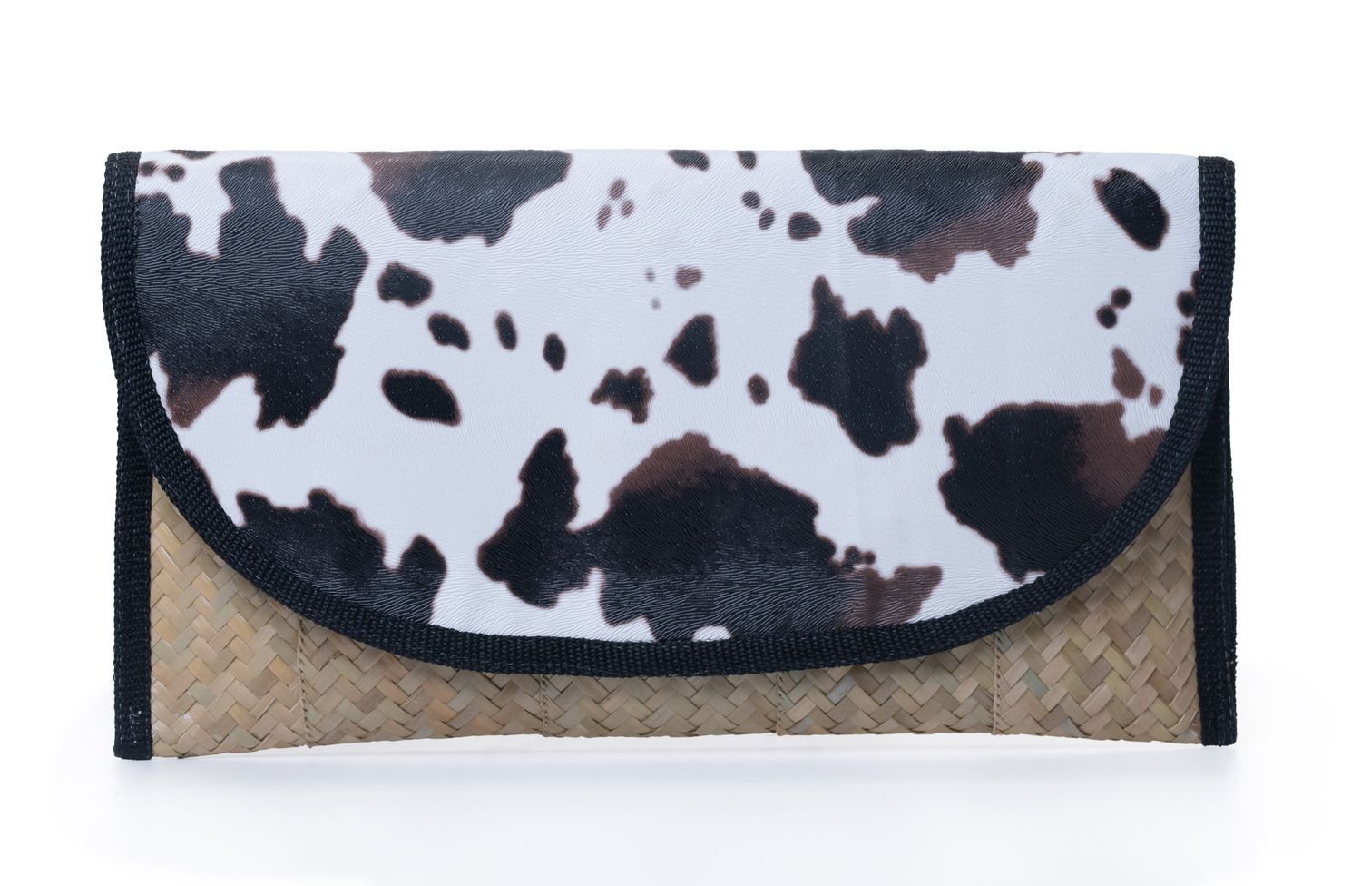 Medium Straw &amp; Leather Clutch - Bovine Print