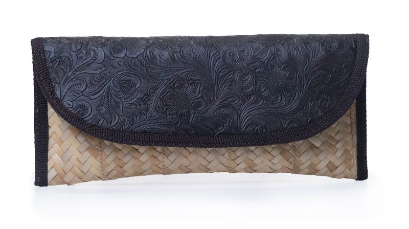 Small Straw with Leather Clutch - Black