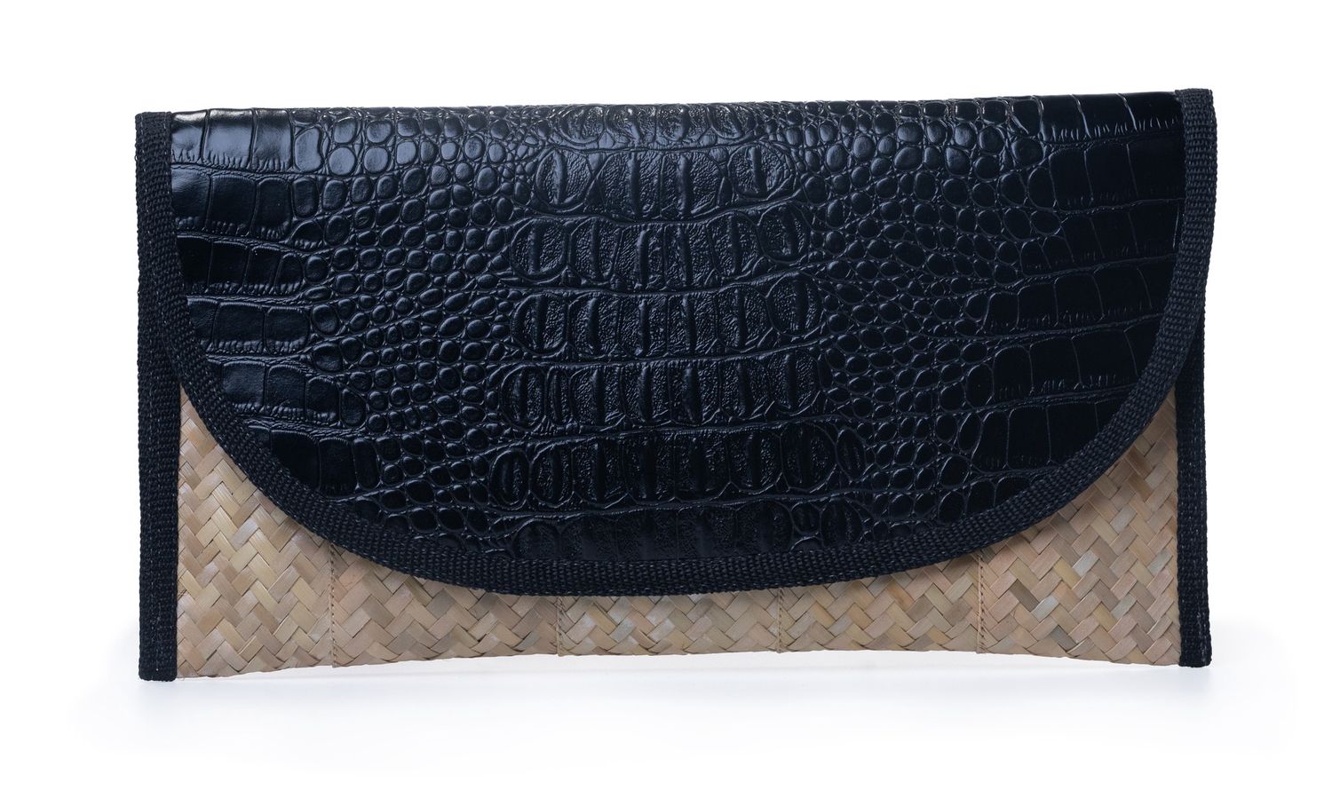 Medium Straw &amp; Leather Clutch - Black