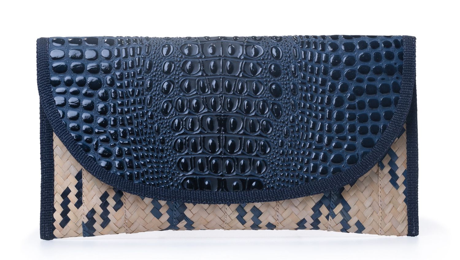 Medium Straw &amp; Leather Clutch - Navy Blue