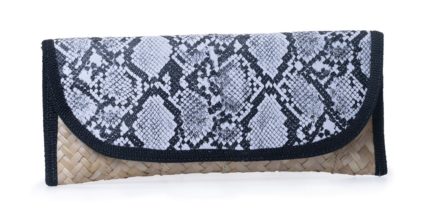 Small Straw with Python Leather Clutch - Black &amp; White