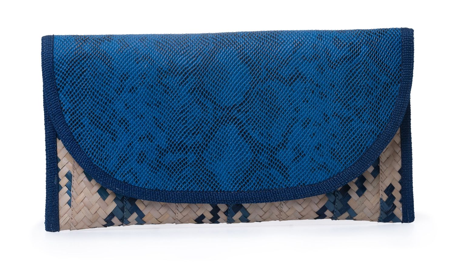Medium Straw &amp; Python Leather Clutch - Blue