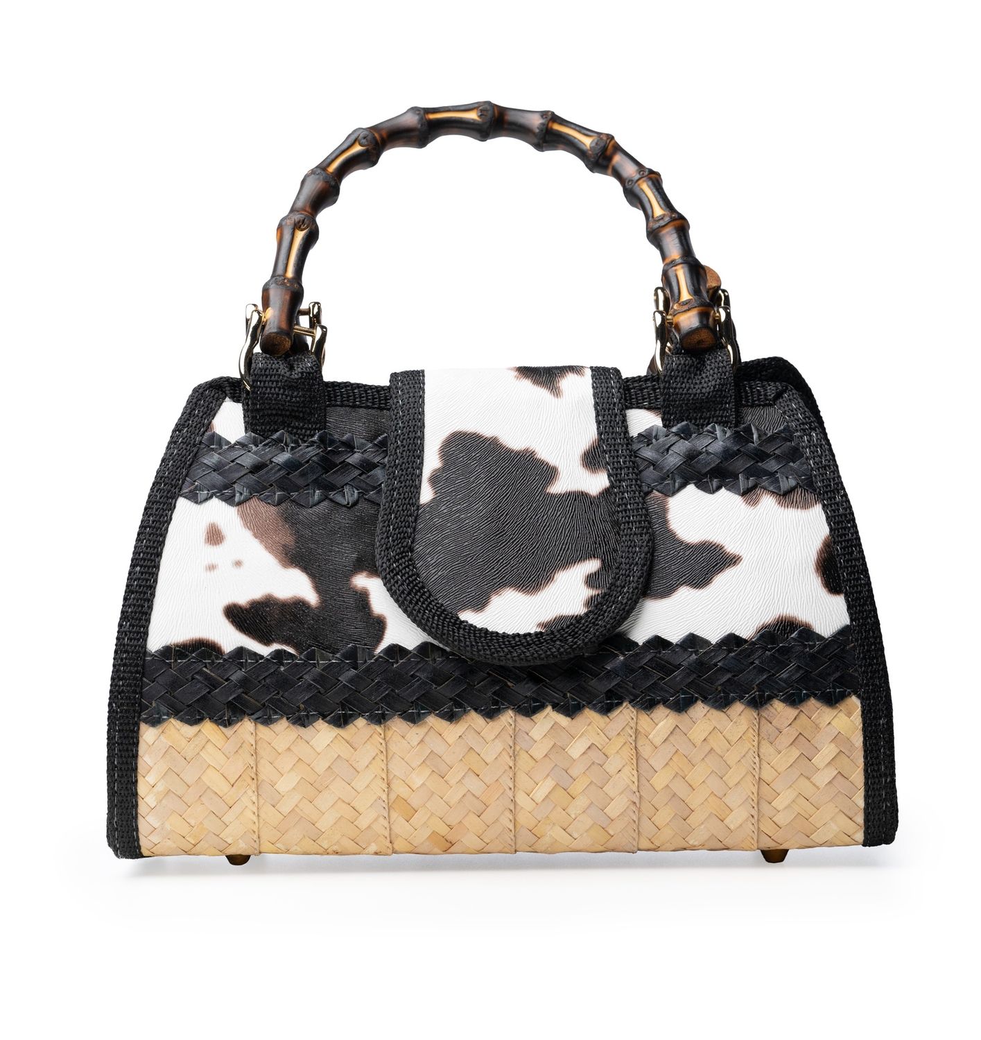 Medium All Straw Bag with Bamboo Handle - Bovine Print