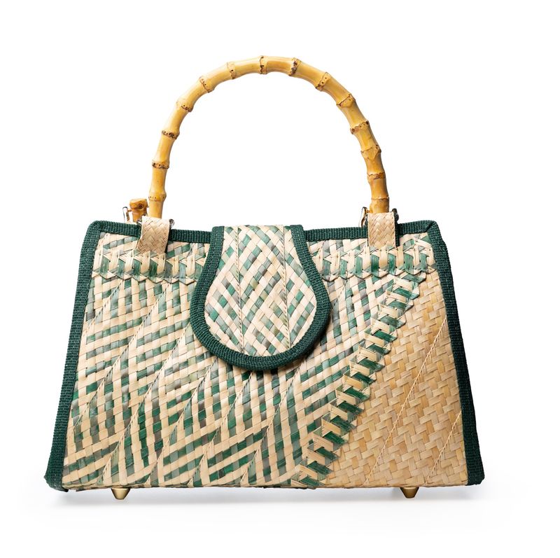 Large All Straw Bag with Bamboo Handle - Emerald Green