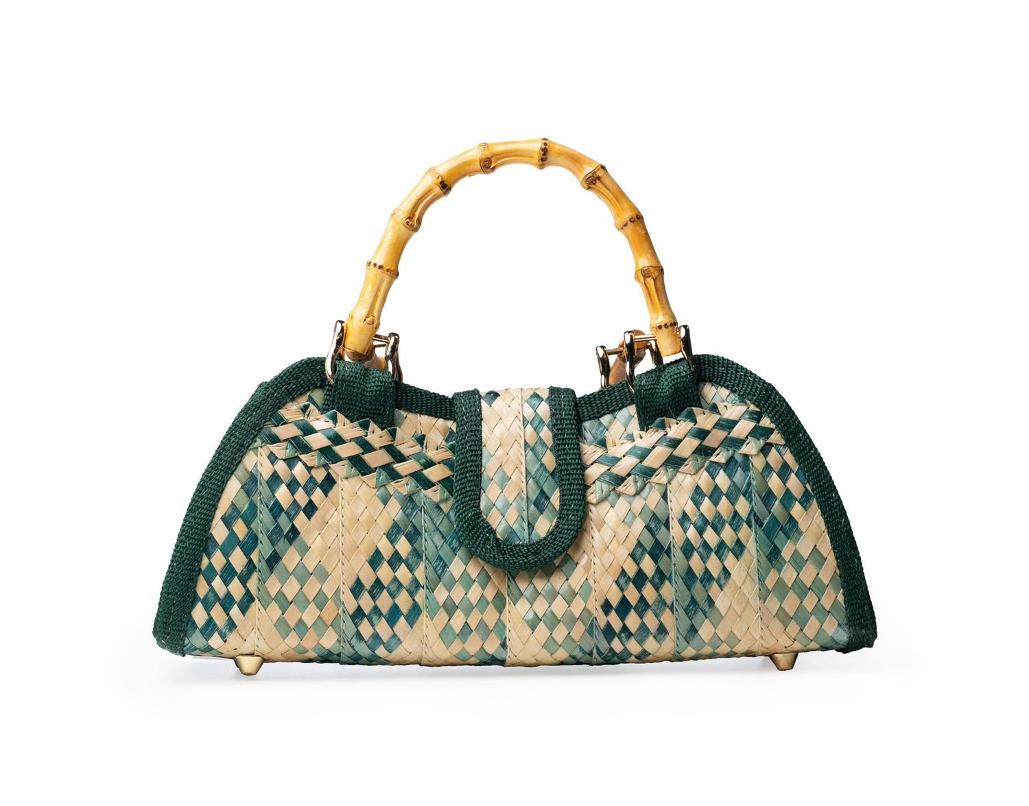 Medium All Straw Bag with Bamboo Handle - Emerald Green