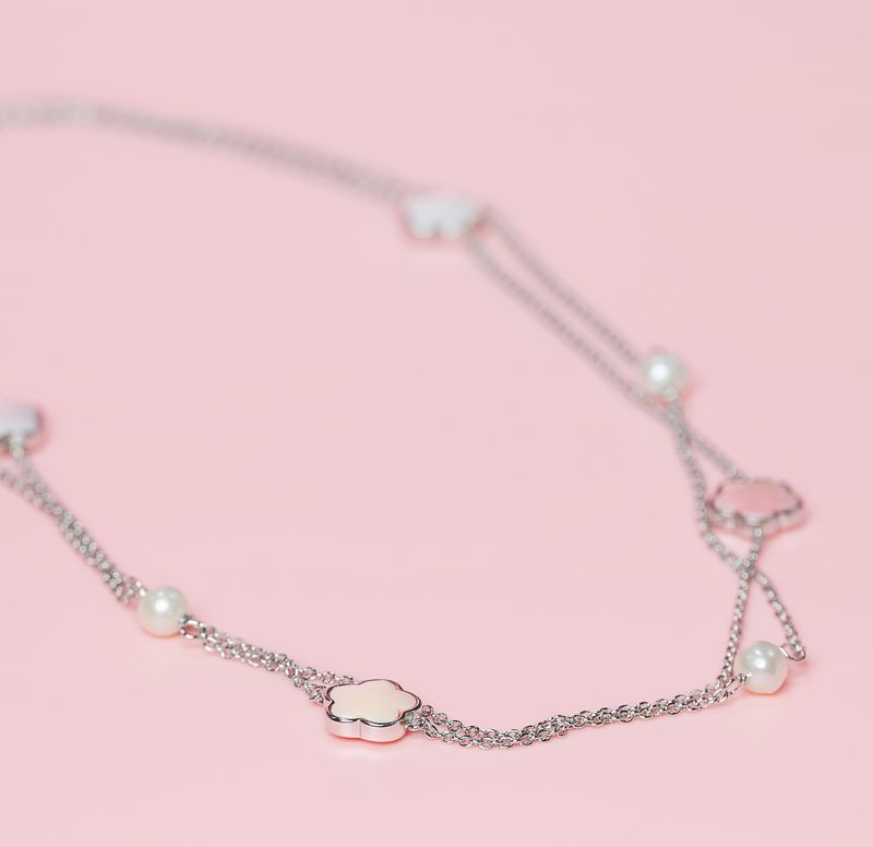 Queen Conch/SS Clover w. FWP Double Strand Necklace