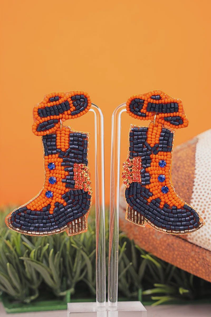 GAMEDAY ORANGE AND NAVY BOOTS SEED BEAD EARRINGS
