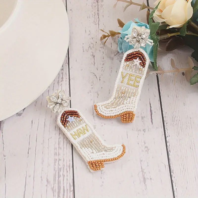 Beaded Cowboy Boots earrings, Colour: White