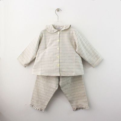 Pijama Xadrez Tons Suaves Com Gola em Folho Maria Malmequer - Pijama Xadrez Tons Suaves Com Gola em Folho