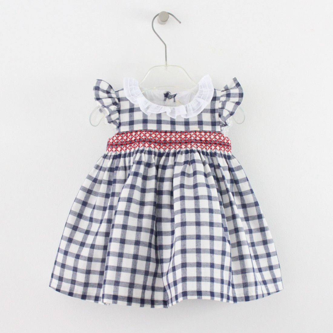 Maria Malmequer - Vestido Xadrez Azul Escuro com Smocks Vermelhos