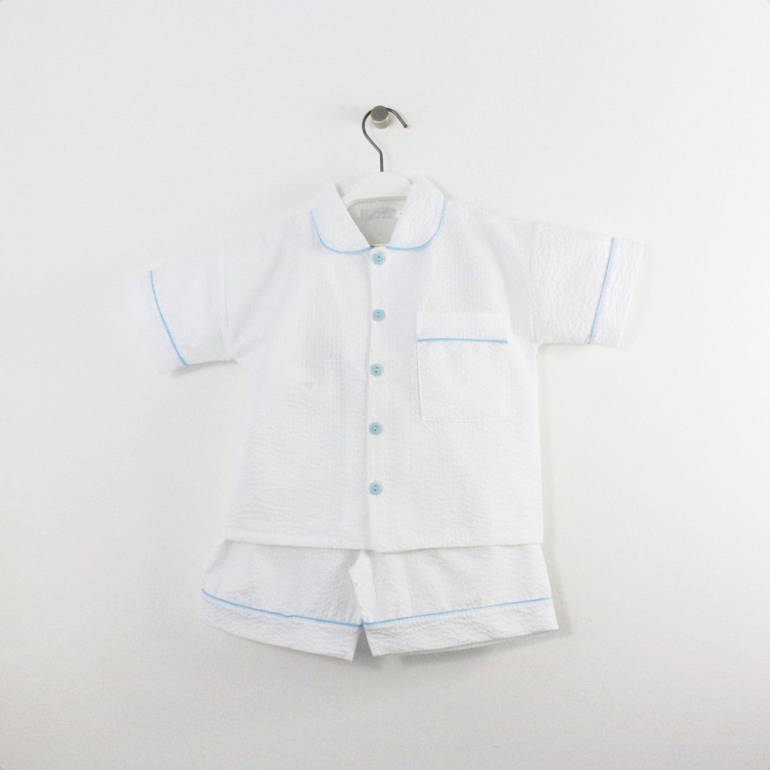 Maria Malmequer - Pijama Branco com Vivo e Botões Azuis