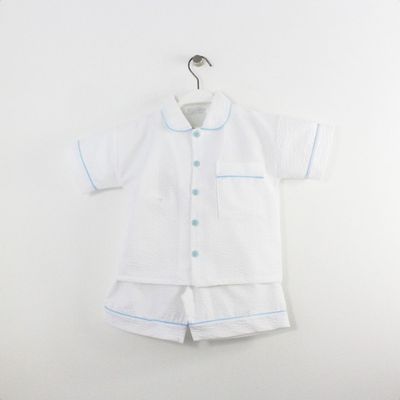 Pijama Branco com Vivo e Botões Azuis Maria Malmequer - Pijama Branco com Vivo e Botões Azuis