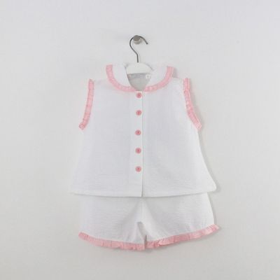 Conjunto Branco Com Folho Rosa Maria Malmequer - Conjunto Branco Com Folho Rosa