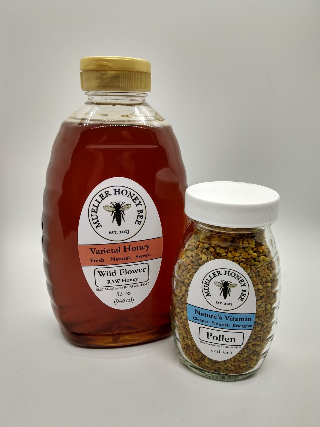Glass Quick Allergy Pack - 4 oz Pollen and 32 oz Wildflower Honey