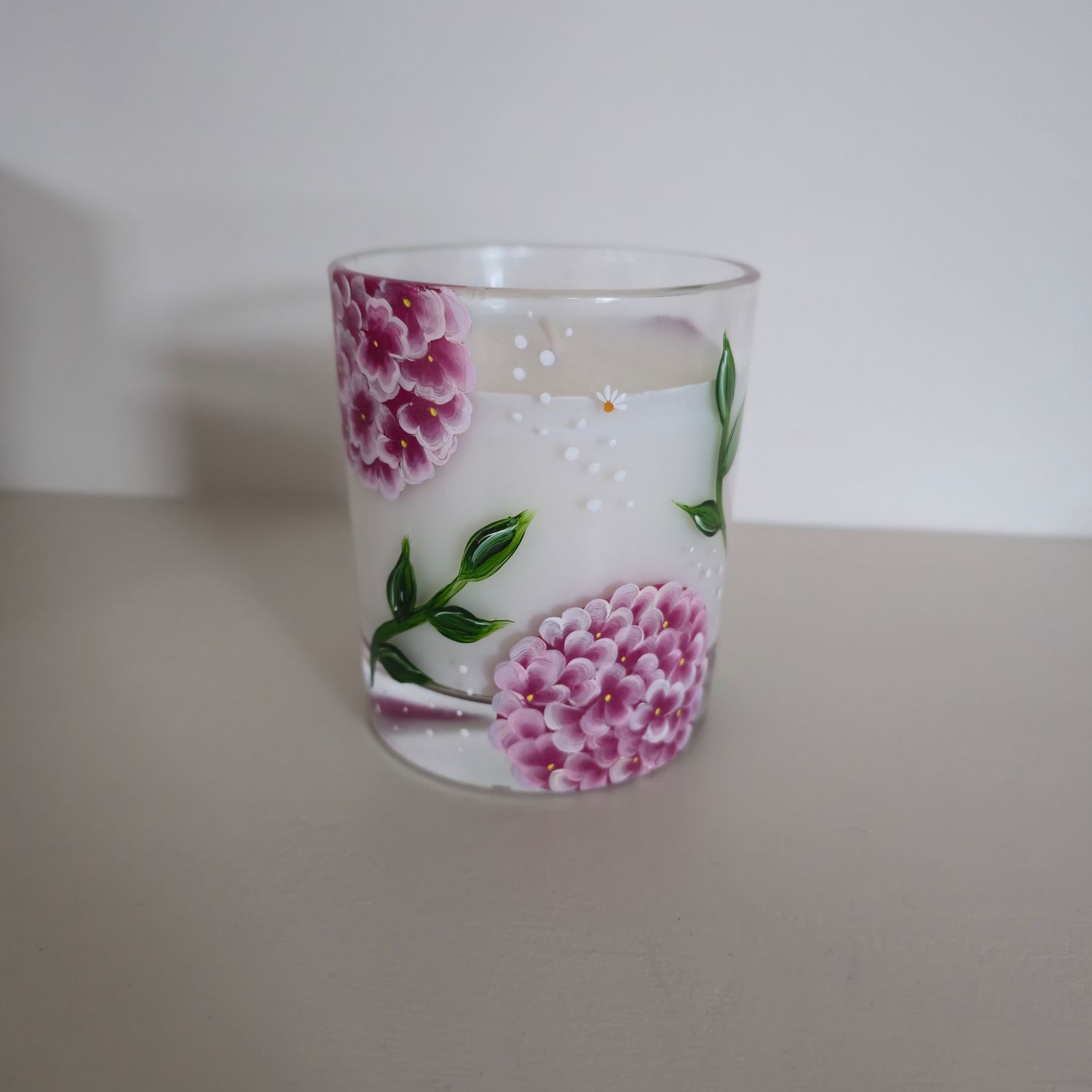 Handpainted Candle Jar Pink Hydrangea