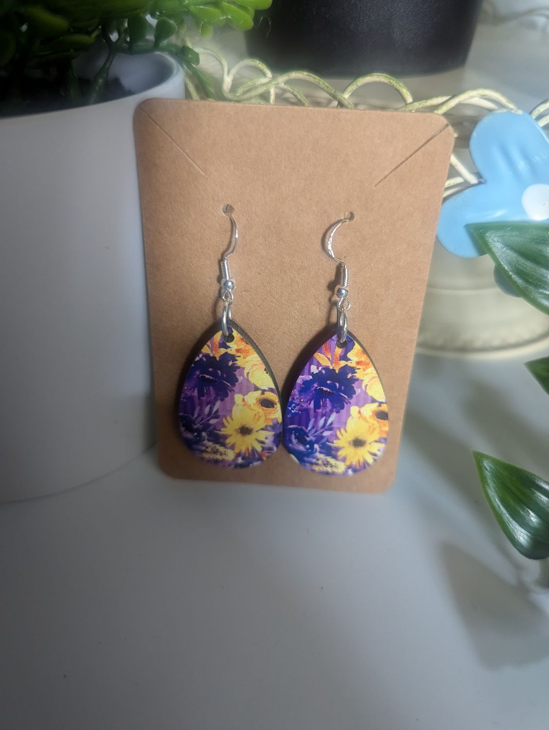 Purple &amp; Yellow Flower Earrings