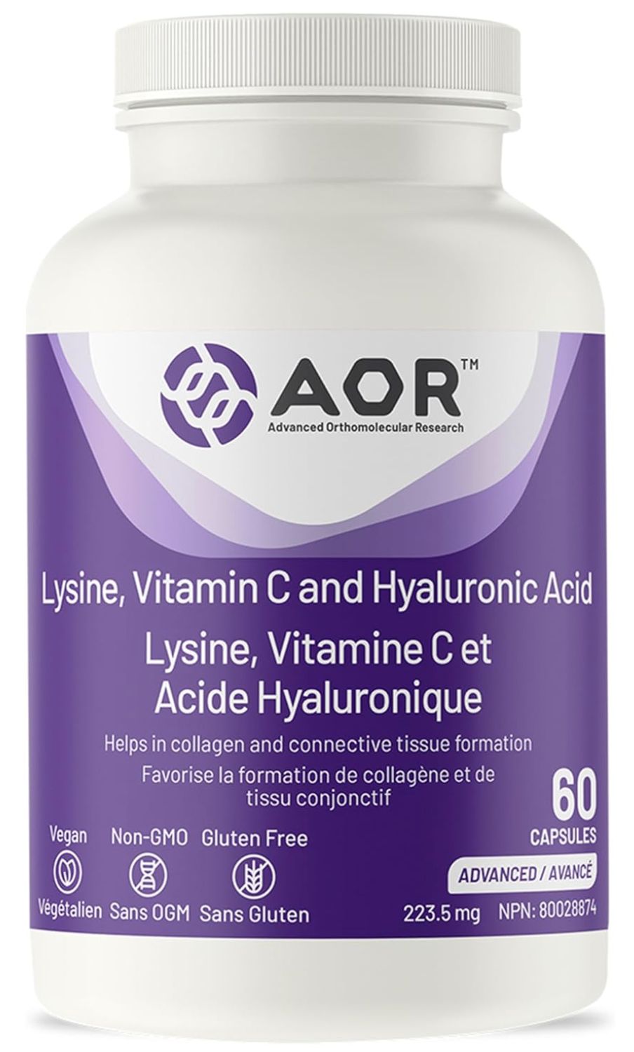 AOR Lysine, Vitamin C &amp; Hyaluronic Acid 224 mg 60 Vegetarian Capsules