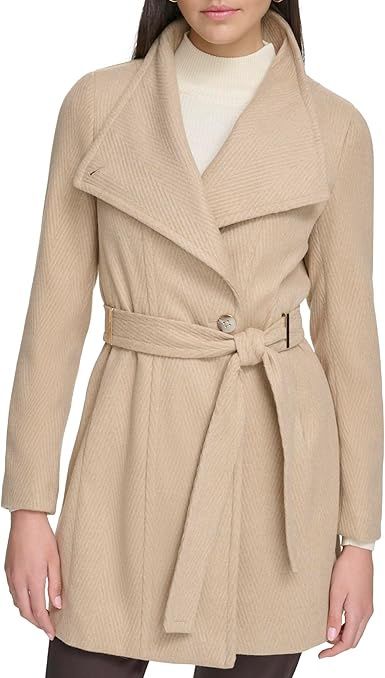 Wool Wrap Jacket for Women - Polyester Blend Fabric - Two Welt Pockets at Hips
