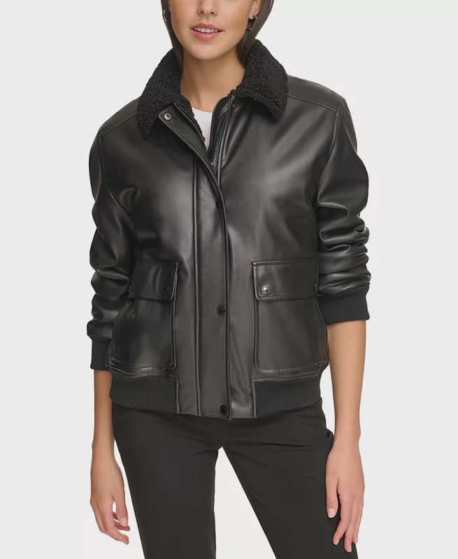CK Women&#39;s Faux-Fur-Collar Faux-Leather Bomber Coat