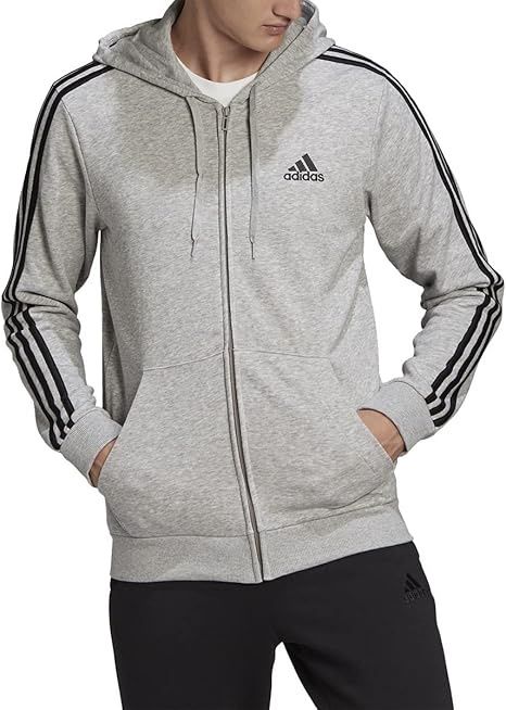 Men&#39;s essentials french terry 3-stripes full-zip hoddie, color: gray, Size: small