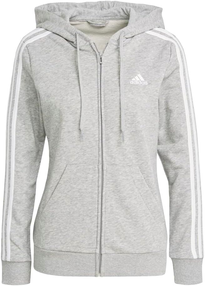 Women&#39;s Essential French Terry 3-Stripes Full-Zip Hoodie, Size: Medium, color: Light Gray