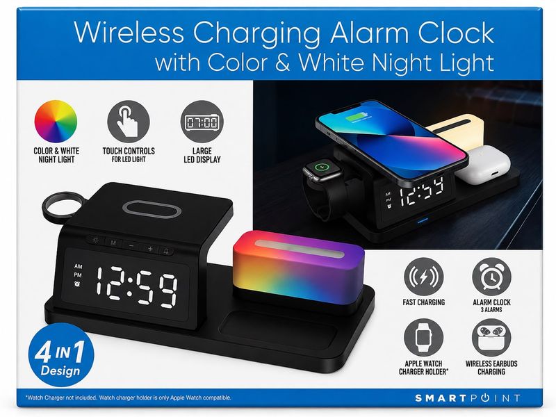 Wireless Charging Alarm Clock w Color &amp; White Night Light.