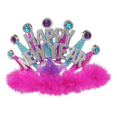 Pack of 12 Happy New Year LED Tiara Assorted Pink or Blue Feathers