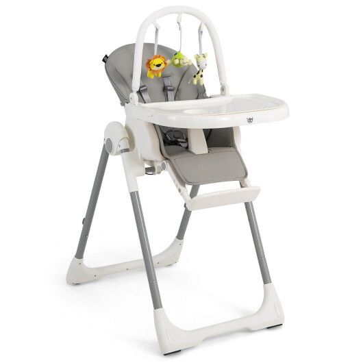 4-in-1 Foldable Baby High Chair with 7 Adjustable Heights and Free Toys Bar-Gray - Color: Gray