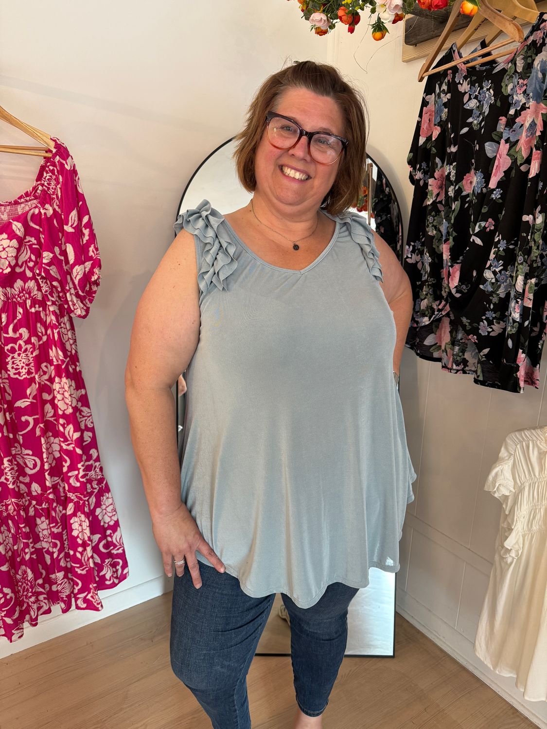 Curvy Lovey Blue Ruffle Tank