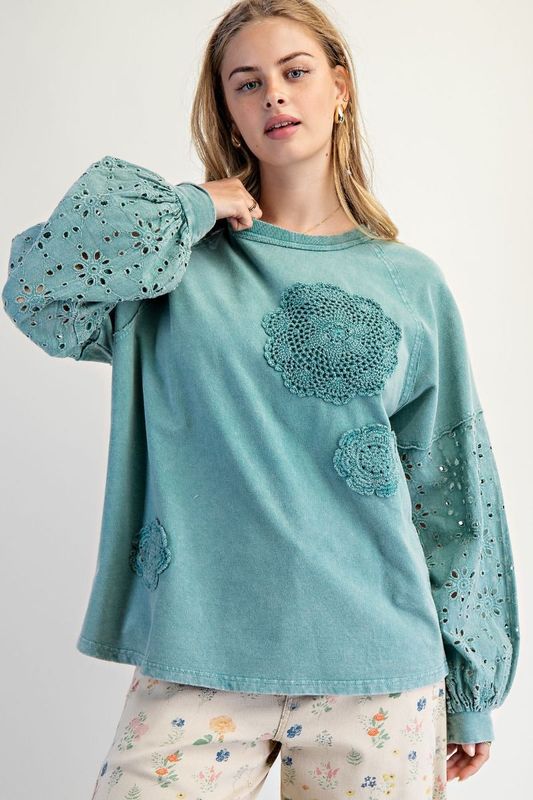 Easel Teal Eyelet Lace Top