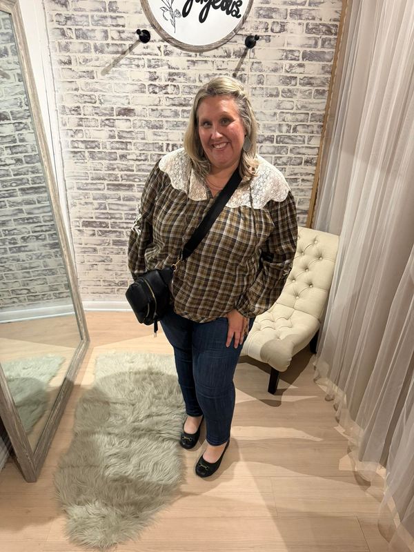 Oddi Brown Plaid Lace Sleeve