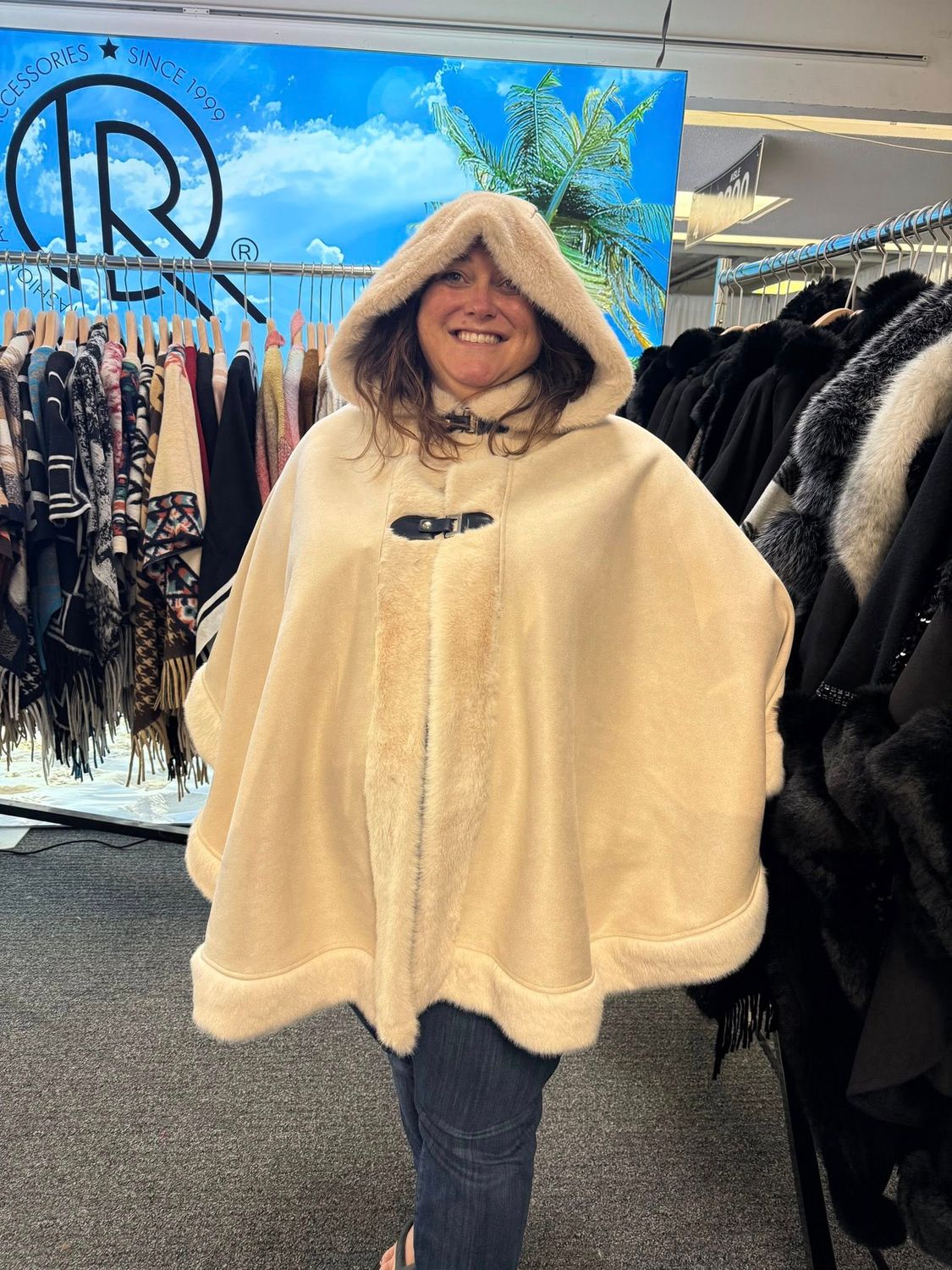 Original Beige Hooded Fur Wrap