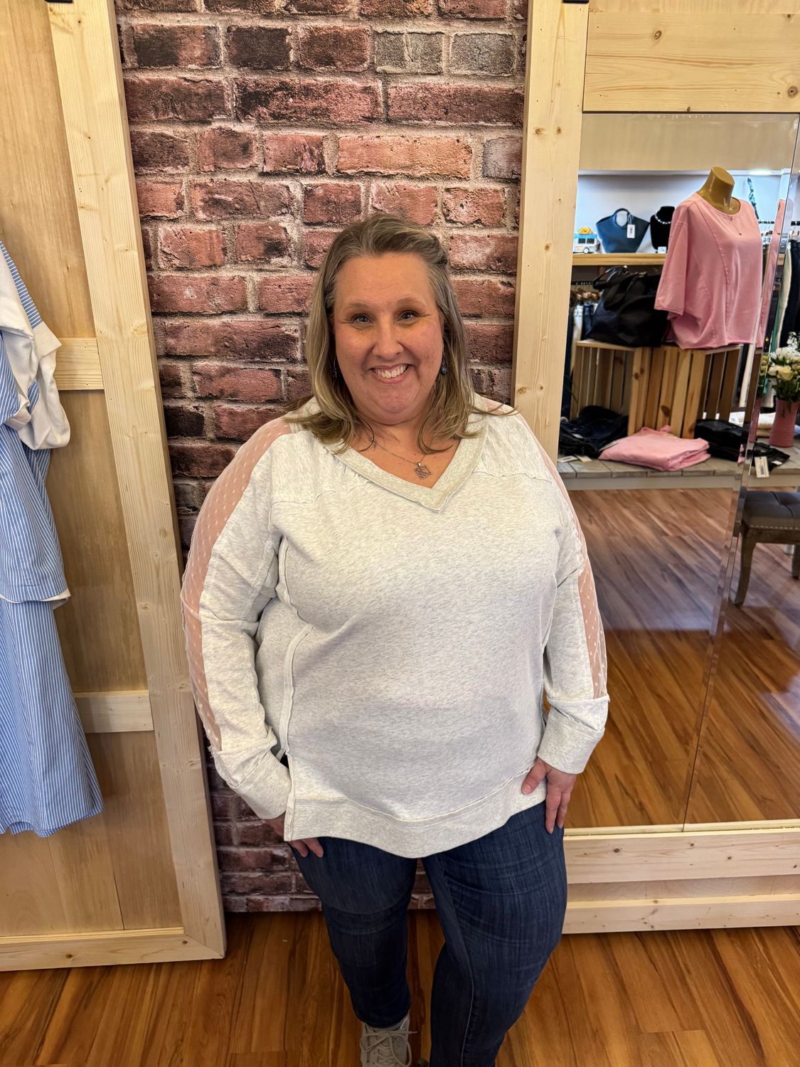 White Birch Grey Lace Sleeve Top