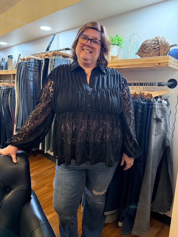 Timing Black Lace Button Down