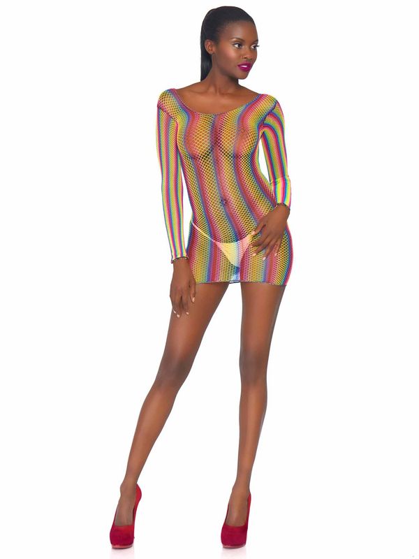86795 Rainbow fishnet long sleeved mini dress
