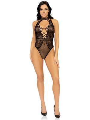 89307 Net and lace keyhole halter bodysuit