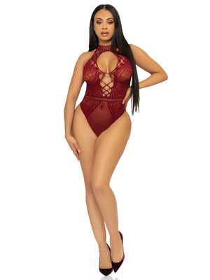 89307 Net and lace keyhole halter bodysuit