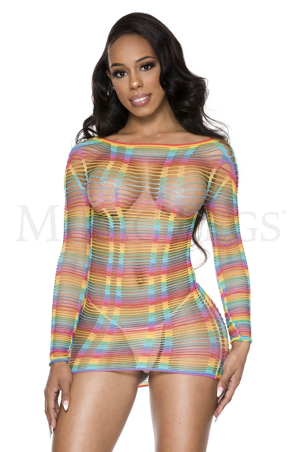 6551 Multi net rainbow mini with vertical stripes, high neckline, and long fitted sleeves